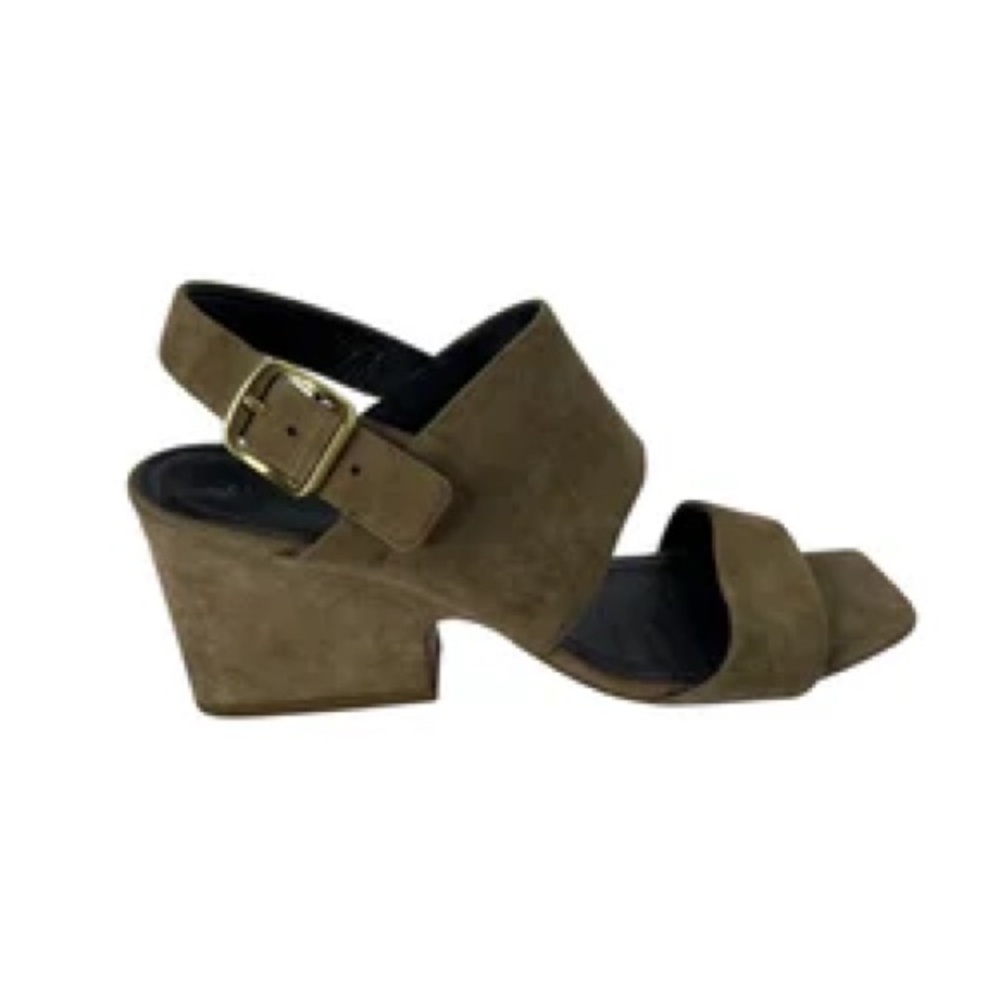 Celine Olive Suede Block Heel Sandals with Gold Buckle - Picture 3 of 6